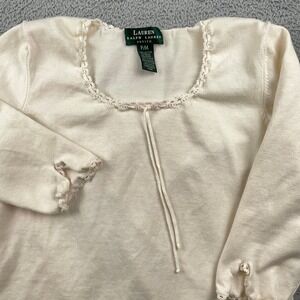Lauren Ralph Lauren Shirt Womens Medium Cream Crochet Trim Cotton Knit